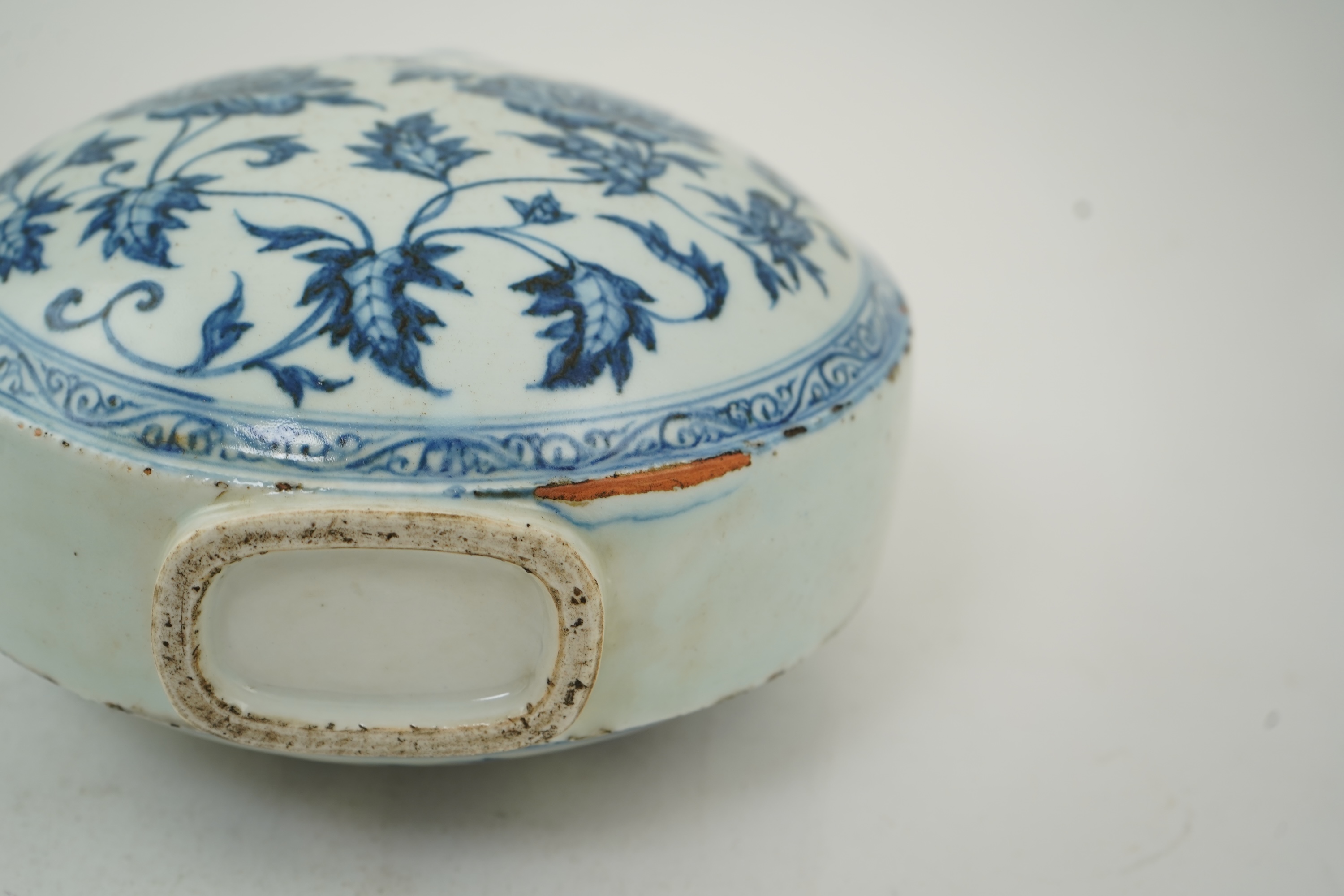 A Chinese blue and white moon flask, bianhu, in Ming style